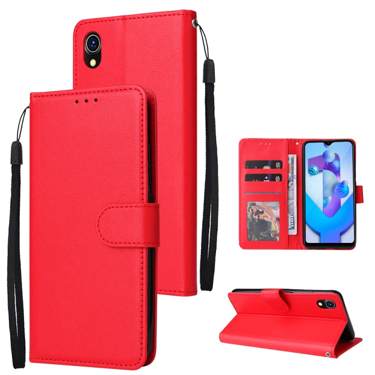 Red leather phone wallet case with three card slots, flip cover, and wrist strap