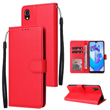 Red leather phone wallet case with three card slots, flip cover, and wrist strap