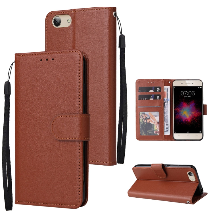 Brown leather flip phone case with three card slots and wrist strap, includes stand
