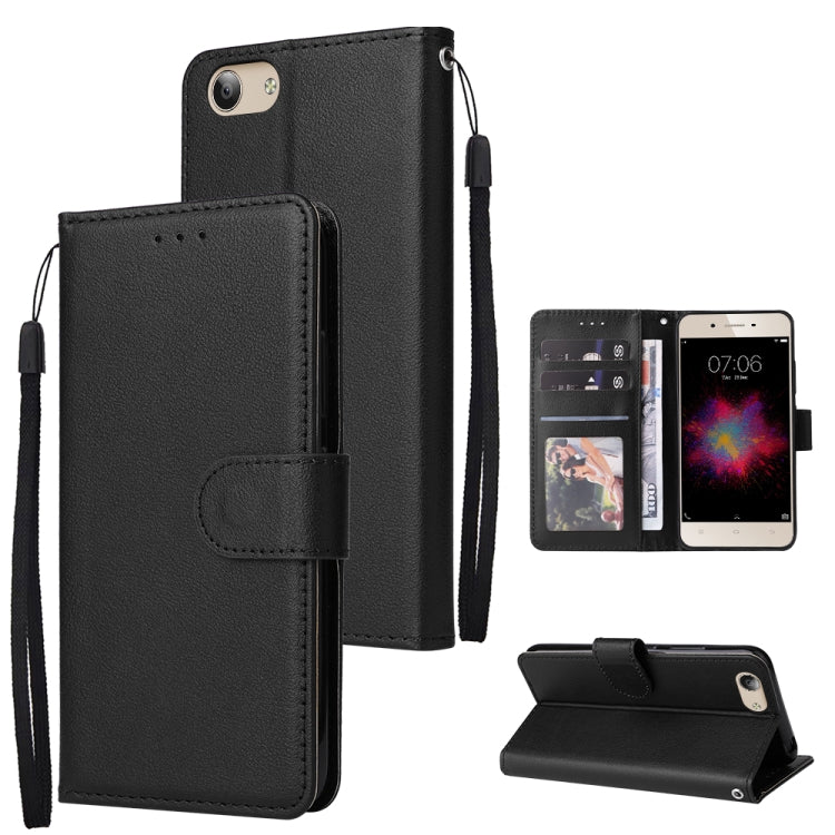 Black leather flip phone case with three card slots and wrist strap, includes stand