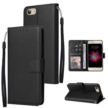 Black leather flip phone case with three card slots and wrist strap, includes stand