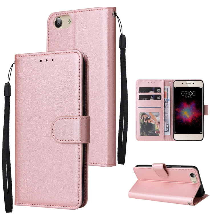 Pink leather flip phone case with three card slots and wrist strap, includes stand