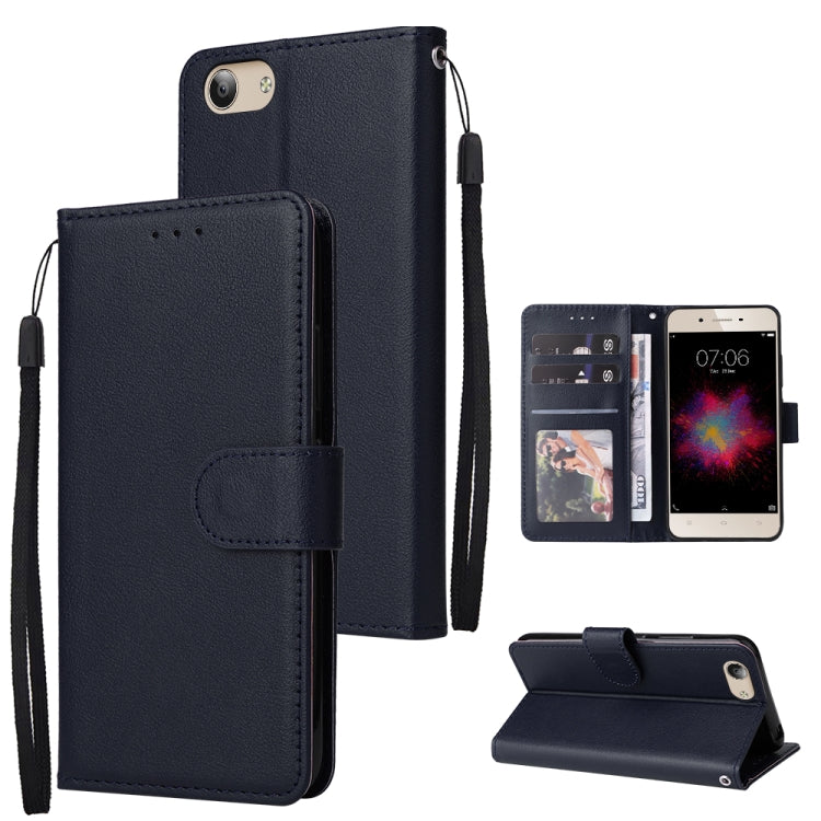 Navy blue leather flip phone case with three card slots and wrist strap, includes stand