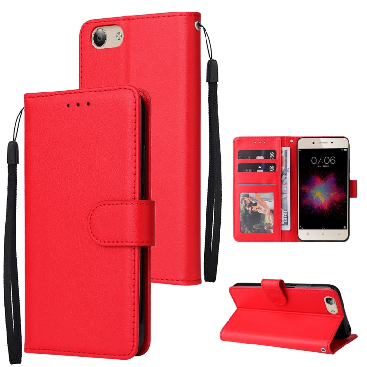 Red leather flip phone case with three card slots and wrist strap, includes stand