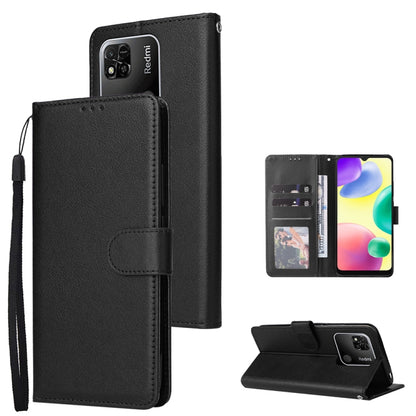 Dark gray leather flip phone case with three card slots and wrist strap, includes stand