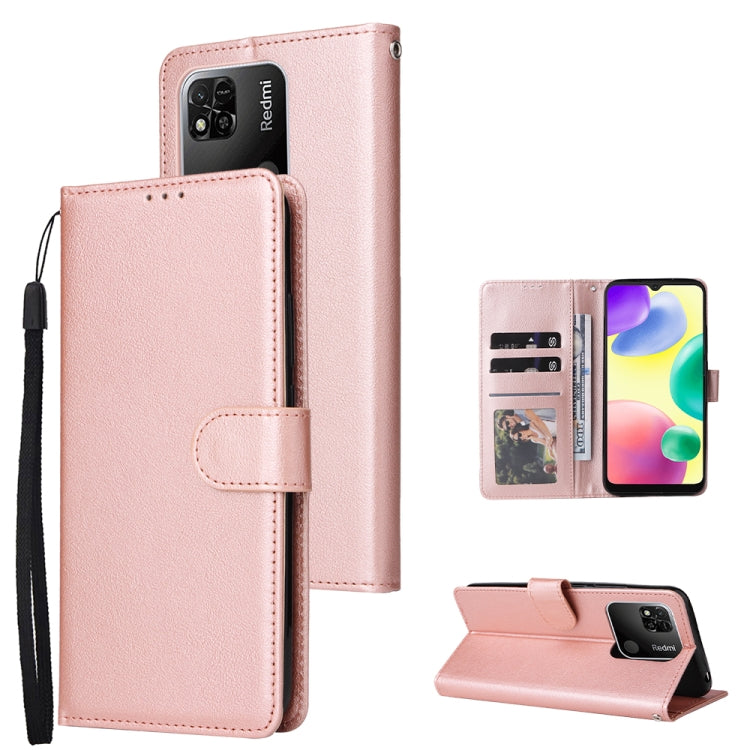 Light pink leather flip phone case with three card slots and wrist strap, includes stand