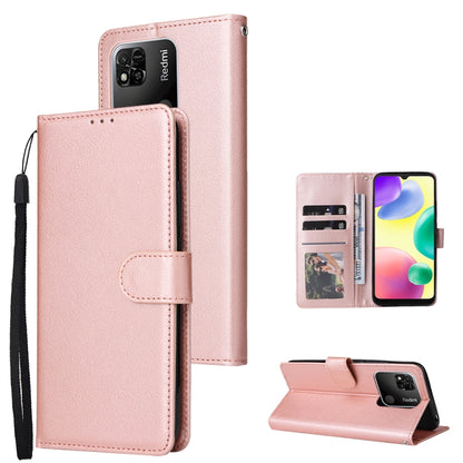 Light pink leather flip phone case with three card slots and wrist strap, includes stand