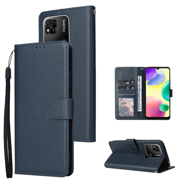 Navy blue leather flip phone case with three card slots and side wrist strap