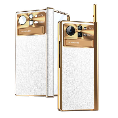 Plain Leather Double Hinged Folding Phone Case with Stylus, For Xiaomi Mix Fold 2