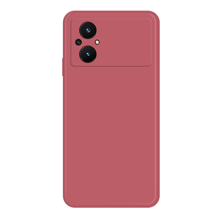 Red liquid silicone phone case with dual camera cutouts on back