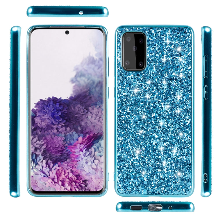 Blue glitter TPU protective phone case with camera opening and side button cutouts