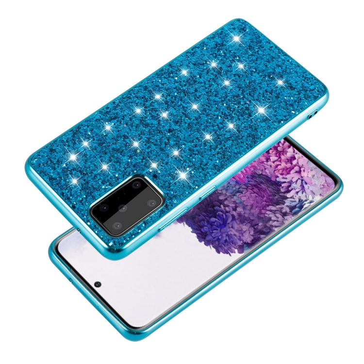 Blue glitter TPU protective phone case, angled view, with camera cutout