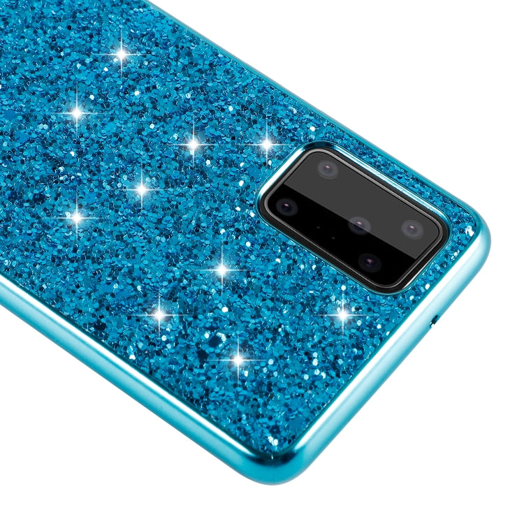 Blue glitter TPU phone case close-up showing camera lens cutout