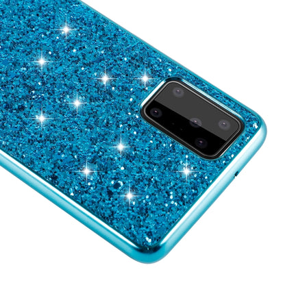 Blue glitter TPU phone case close-up showing camera lens cutout