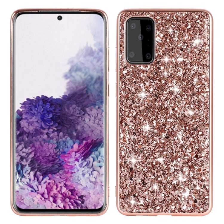 Rose gold glitter TPU shockproof phone case with camera opening and precision cutouts.