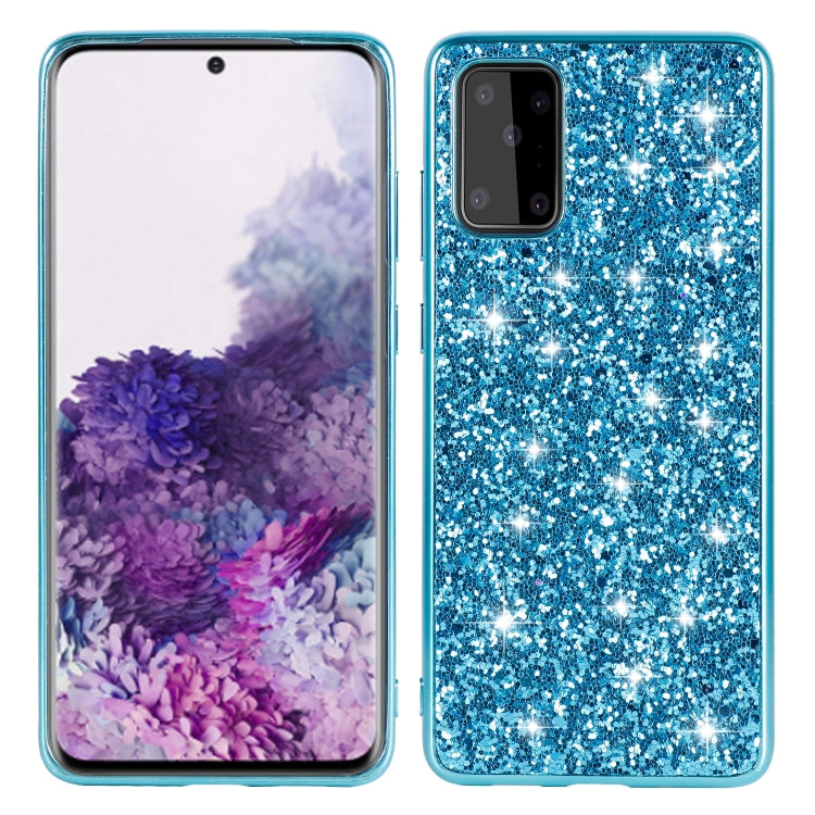 Blue glitter TPU protective phone case with raised edges and camera cutout