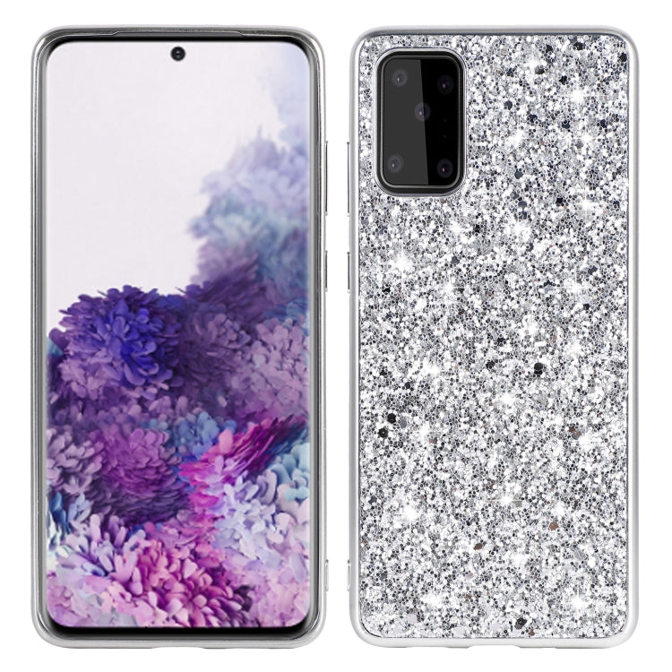 Silver glitter TPU protective phone case with raised edges and camera cutout