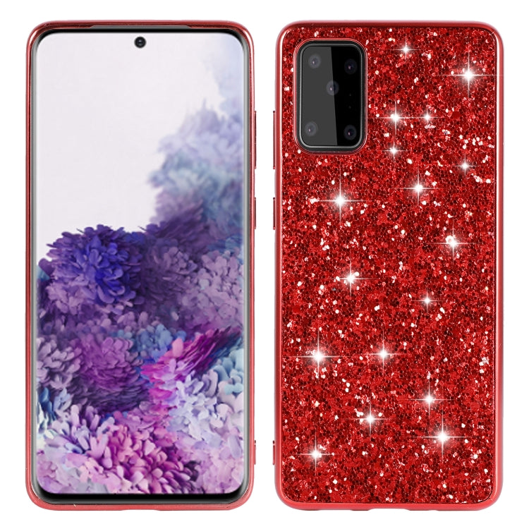 Red glitter TPU protective case with raised camera bezel and shockproof corners.