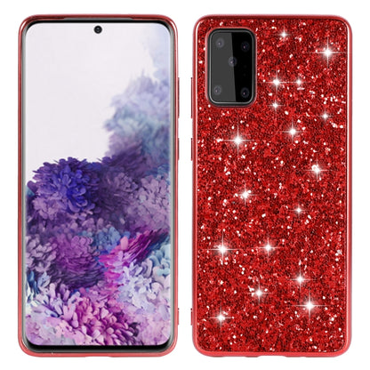 Red glitter TPU protective case with raised camera bezel and shockproof corners.