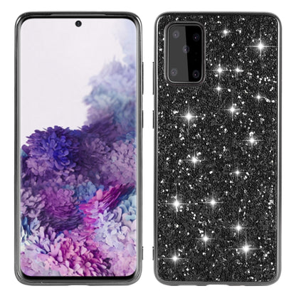Black sparkly TPU protective case with raised camera bezel and shockproof corners.