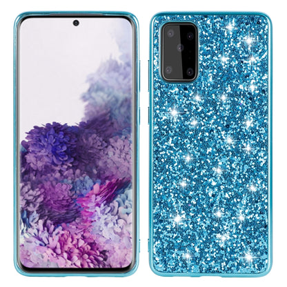 Blue glitter TPU protective phone case, front and back view with camera cutout