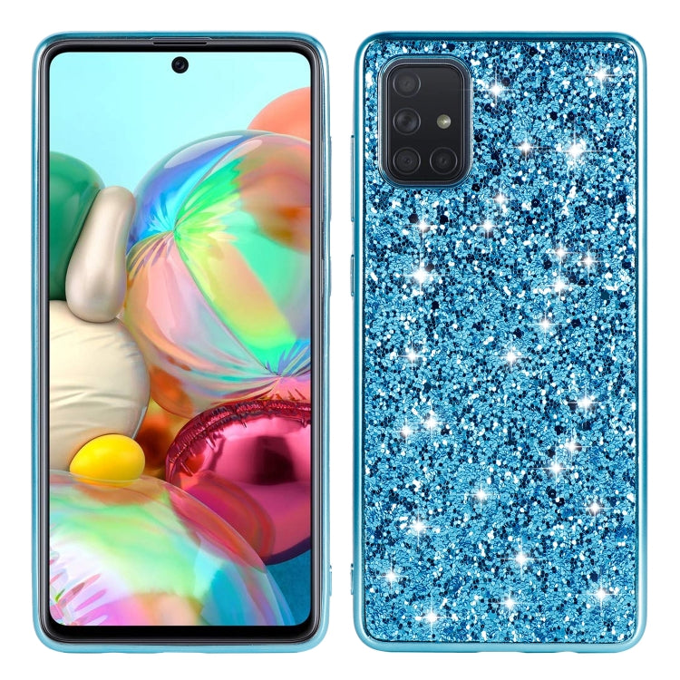 Blue glitter TPU protective phone case with textured sparkle and camera cutout