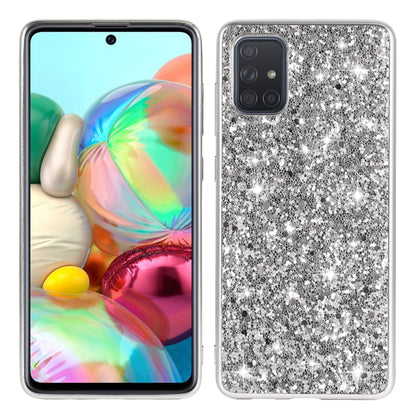 Gray-silver glitter TPU protective phone case with raised edges and camera cutout