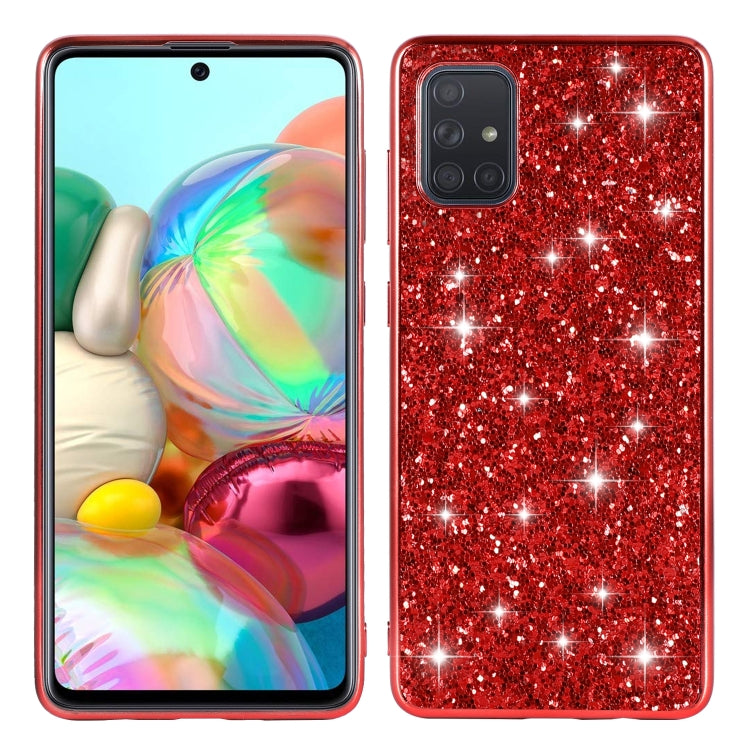Red sparkly TPU protective phone case with camera cutout and shock-absorbing edges.