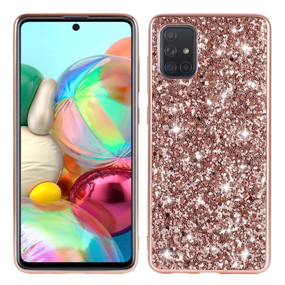 Rose gold glitter TPU protective phone case with camera opening and shock-absorbing edges.