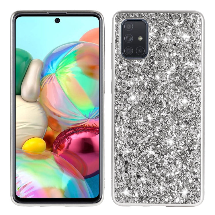 Gray-silver glitter TPU protective phone case, front and back view with camera cutout