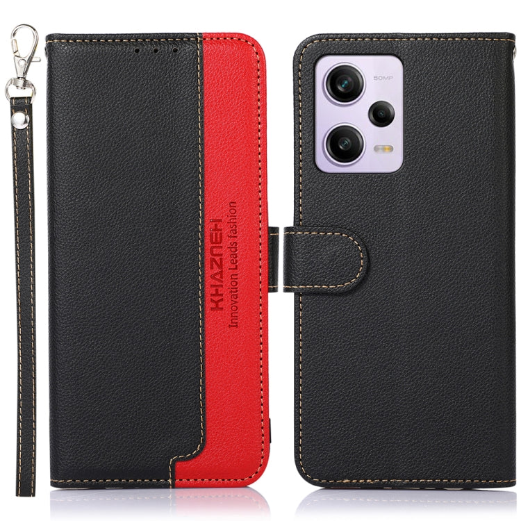 Litchi-textured leather RFID phone case with flip cover, black with red accents, key strap