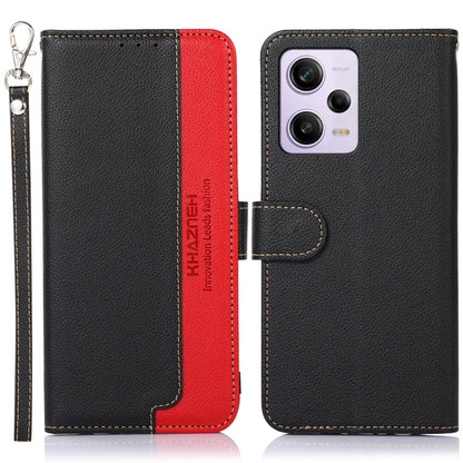 Litchi-textured leather RFID phone case with flip cover, black with red accents, key strap