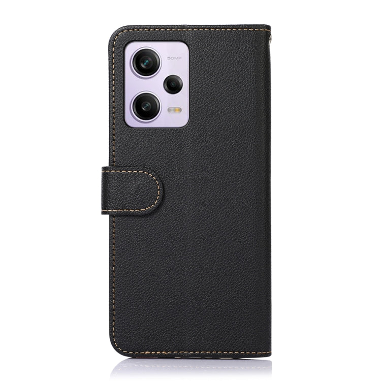 Litchi-textured leather RFID phone case with flip cover, black finish, camera cutout
