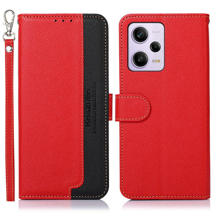 Litchi-textured leather RFID phone case with flip cover, red with black accents, key strap