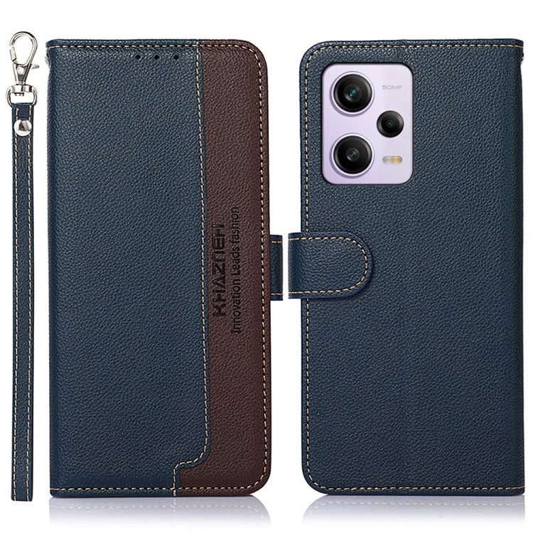 Litchi-textured leather RFID phone case with flip cover, dark blue with black accents, key strap