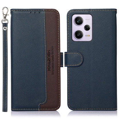 Litchi-textured leather RFID phone case with flip cover, dark blue with black accents, key strap