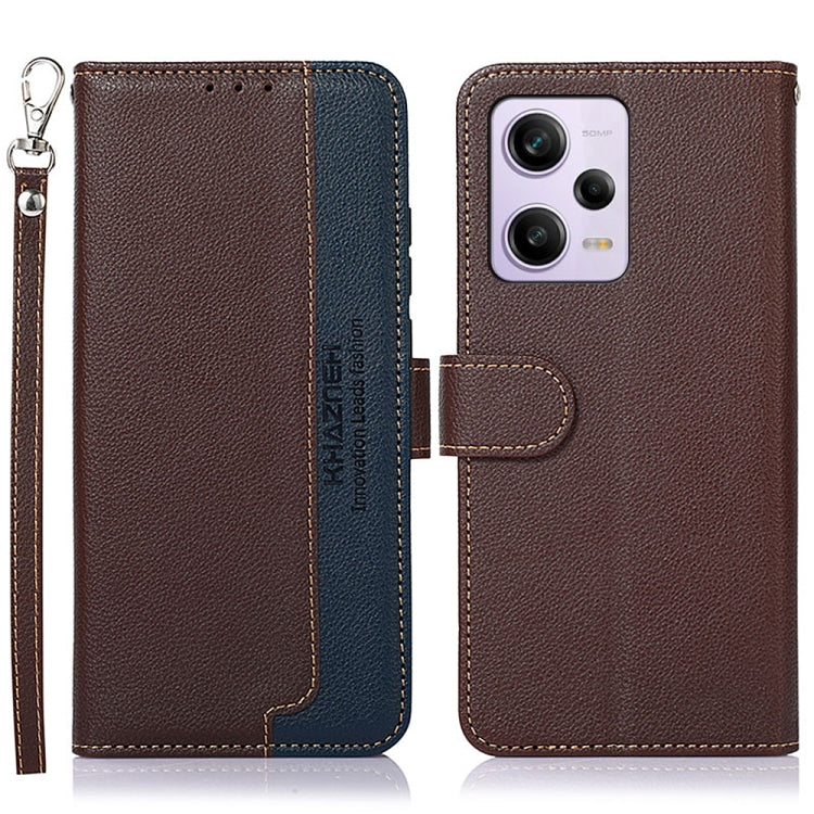 Litchi-textured leather RFID phone case with flip cover, brown with dark blue accents, key strap