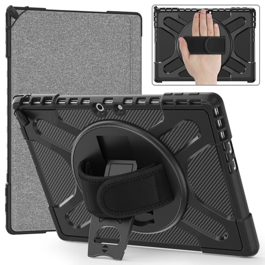Black shockproof tablet case with rotatable kickstand and attached hand strap