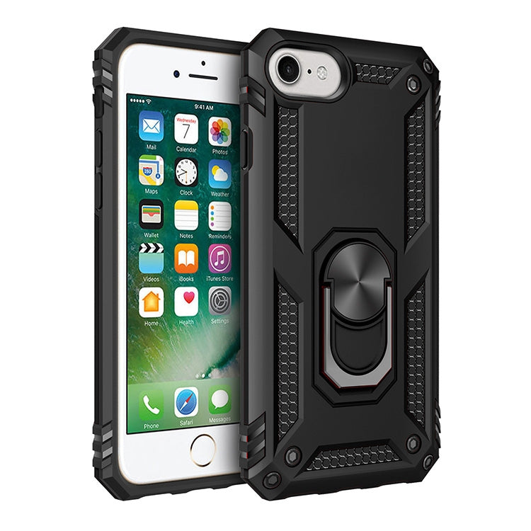 Black protective phone case with textured sides and built-in rotating ring kickstand
