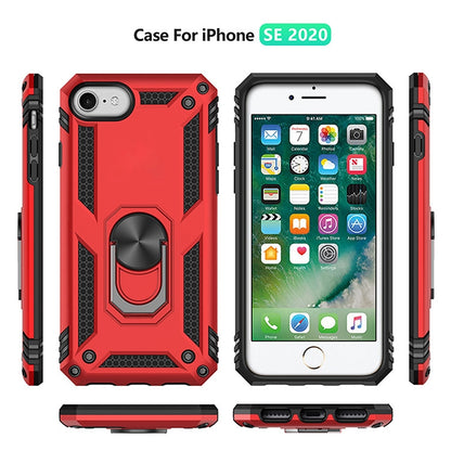 Red shockproof phone case with rotating ring and textured grip panels, front and back views