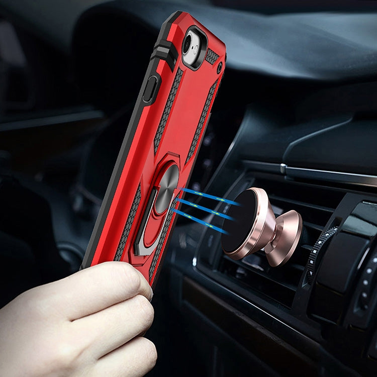 Red protective phone case with metal ring for mounting on a car air-vent holder