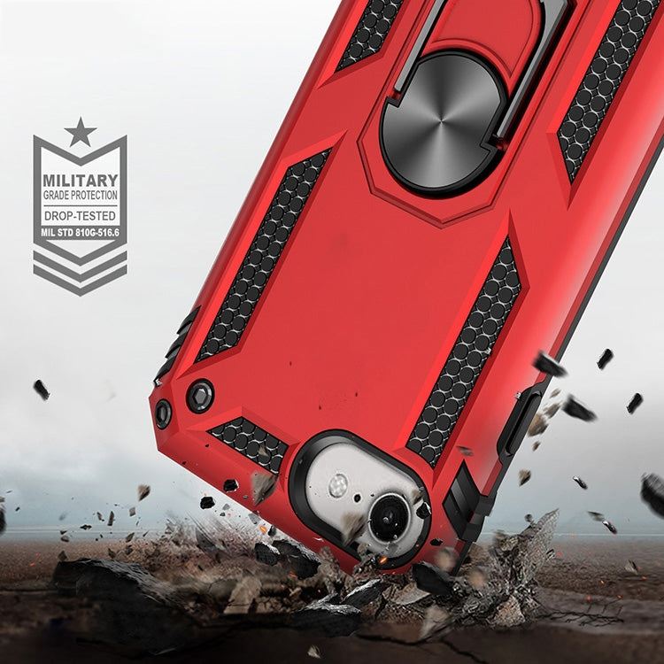 Red heavy-duty phone case with rotating ring and textured shock-absorbing corners