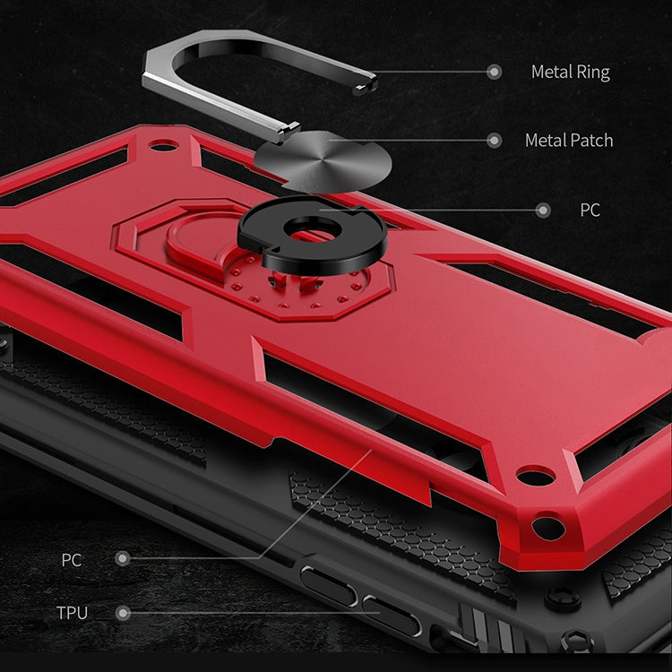 Red phone case details: metal ring, PC frame, and TPU shock protection edges