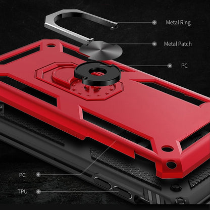 Red phone case details: metal ring, PC frame, and TPU shock protection edges