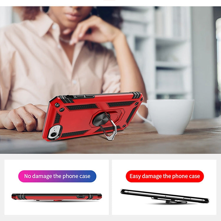 Red shockproof phone case with rotating ring, shown on a desk with protective design icons