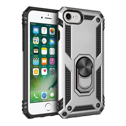 Black and gray shockproof phone case with rotating ring kickstand and textured side grips