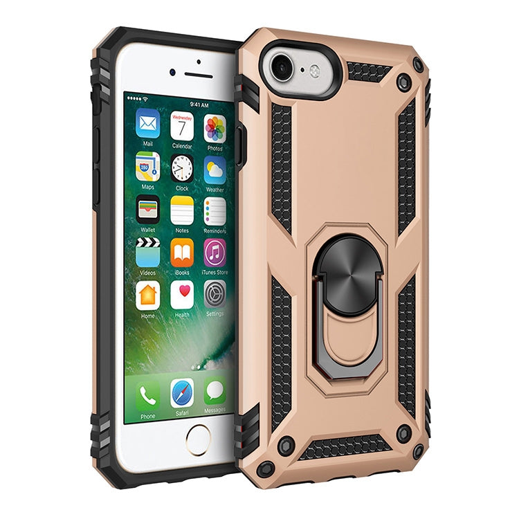 Beige and black protective phone case with textured grips and rotating ring kickstand