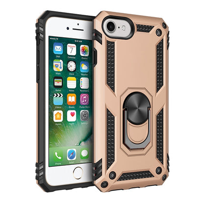 Beige and black protective phone case with textured grips and rotating ring kickstand