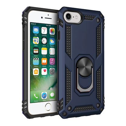 Rugged dark blue protective phone case with raised edges and rotating ring stand