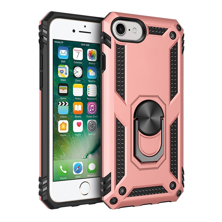 Rugged rose pink protective phone case with raised edges and rotating ring stand